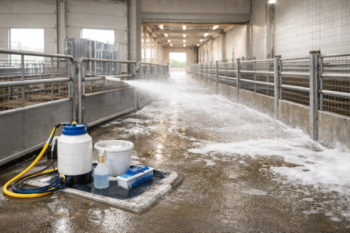 High-pressure foam cleaning on barn floors and equipment in a livestock facility