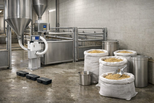 Clean feed storage and handling area with hygienic feed flow supporting animal nutrition and biosecurity